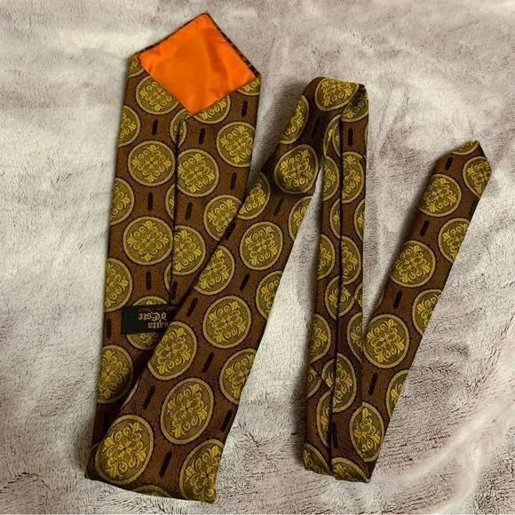 Travatta D'Este Necktie Medallion Print Brown Gold Vintage Italy Made Acetate - Picture 2 of 3